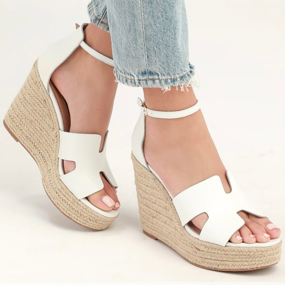 Steven Steve Madden Sirena White Leather Espadrille Platform Sandals